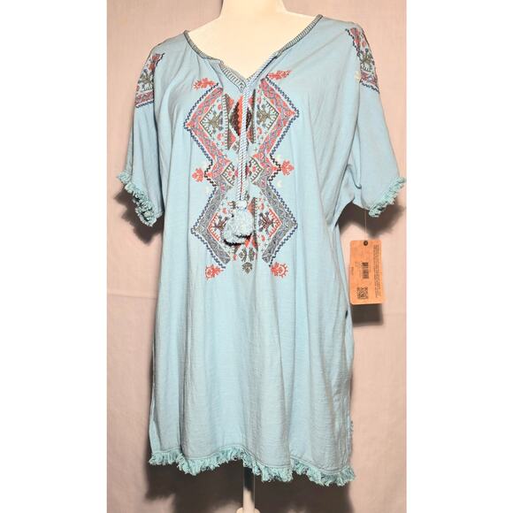 Ruff Hewn Tops - Ruff Hewn Tunic Shirt Boho Hippie Top Embroidered Blue Peasant Blouse Sz 2X NWT